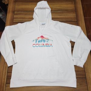 Columbia LS White Pullover Hoodie Red & Blue Mountain Classic Font - Size XL